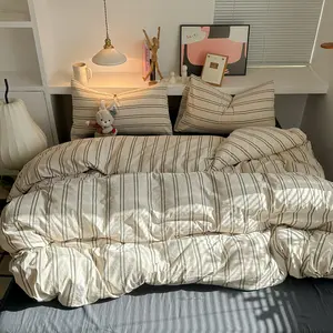 4pcs Soft Breathable Washable Striped Bedding Set, Simple Solid Color Fresh Plaid Bed Linen Kit, Includes Pillowcase, Quilt Cover, Sheet, Bed Sets