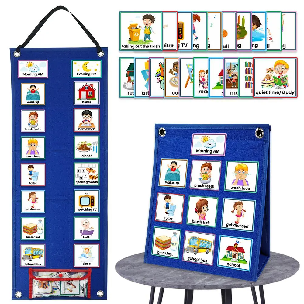 Visual Schedule Chart for Kids Daily Routine Card, 1 Set Affairs Pattern English Card with Display & Bag, Parent-child Interactive Game Props, Learning Materials, Visual Learning Tools