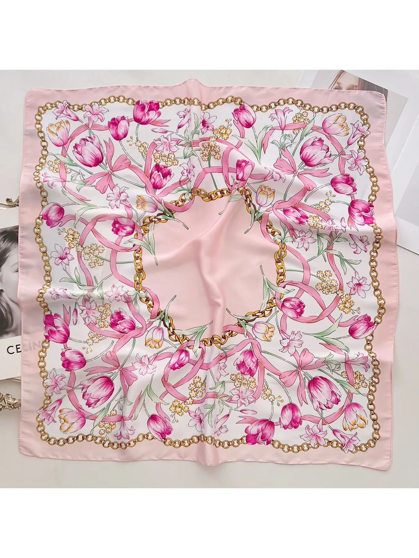 Spring/Autumn New Tulip 70 Small Square Scarf Women's Versatile Printed Silk Scarf 2026 Fashion High-End Printed Neckerchief Floral Print Scarf Boho Style Scarf Boho Floral Scarves