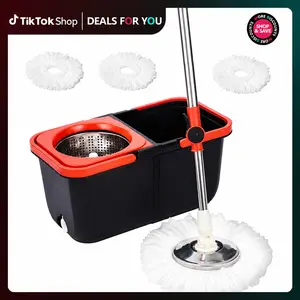 Mop Bucket Set with 360° Spin Mop and Bucket System 3 Microfiber Heads 61In Adjustable Handle，Handle Efficient Cleaning Supplies Mop Replacement Set
