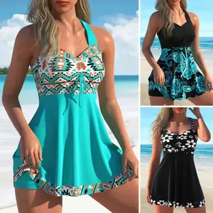 Women's Printed Sleeveless Swimdress with Built-In Shorts - V-Neck, Polyester, Multiple Prints, Beach & Pool Wear, Sizes S-4XL