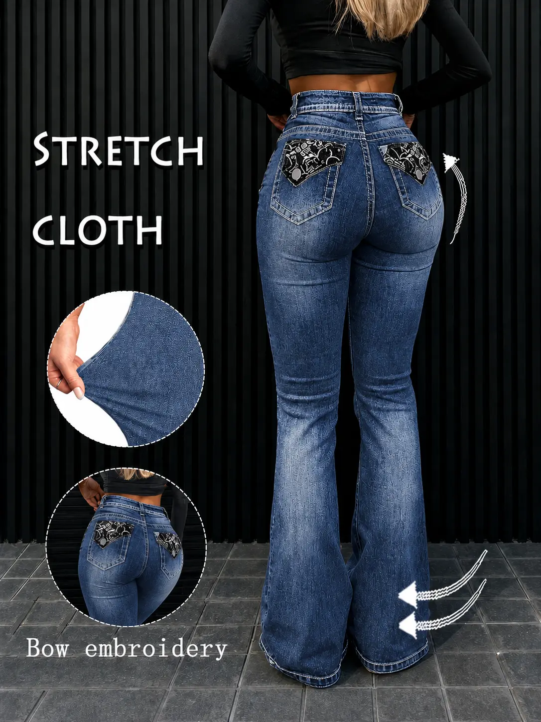 Womens Dark Blue Washed Bell‑Bottom Jeans Elegant Lace Embellished Rear Pocket Detailed Stretchy Flare Pants