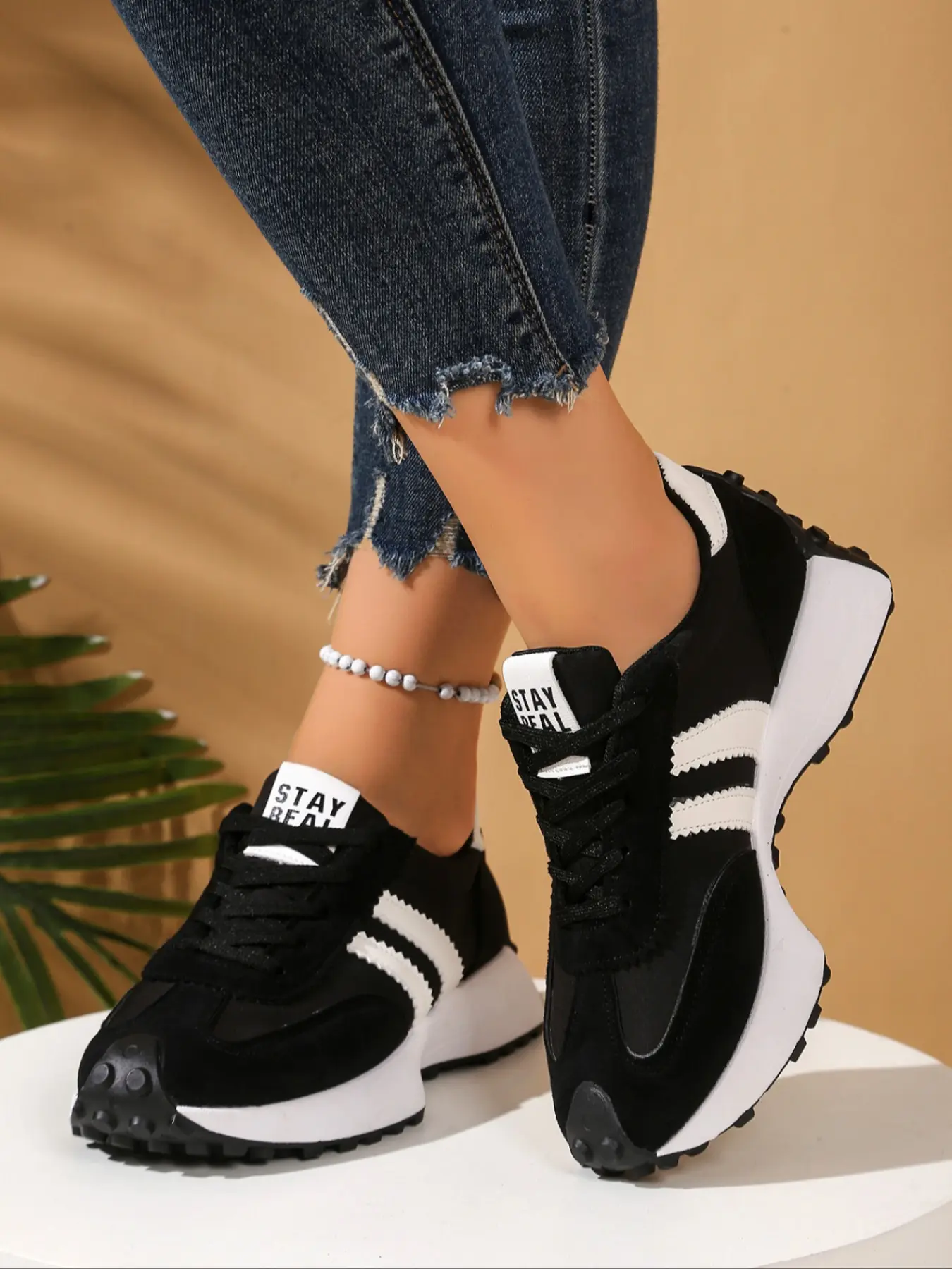 2026 Spring New Stay Real Retro Trainer Shoes for Women, Sneaker, Mint Three Stripes Thick Sole, Breathable Mesh, Anti-Slip, Casual Style