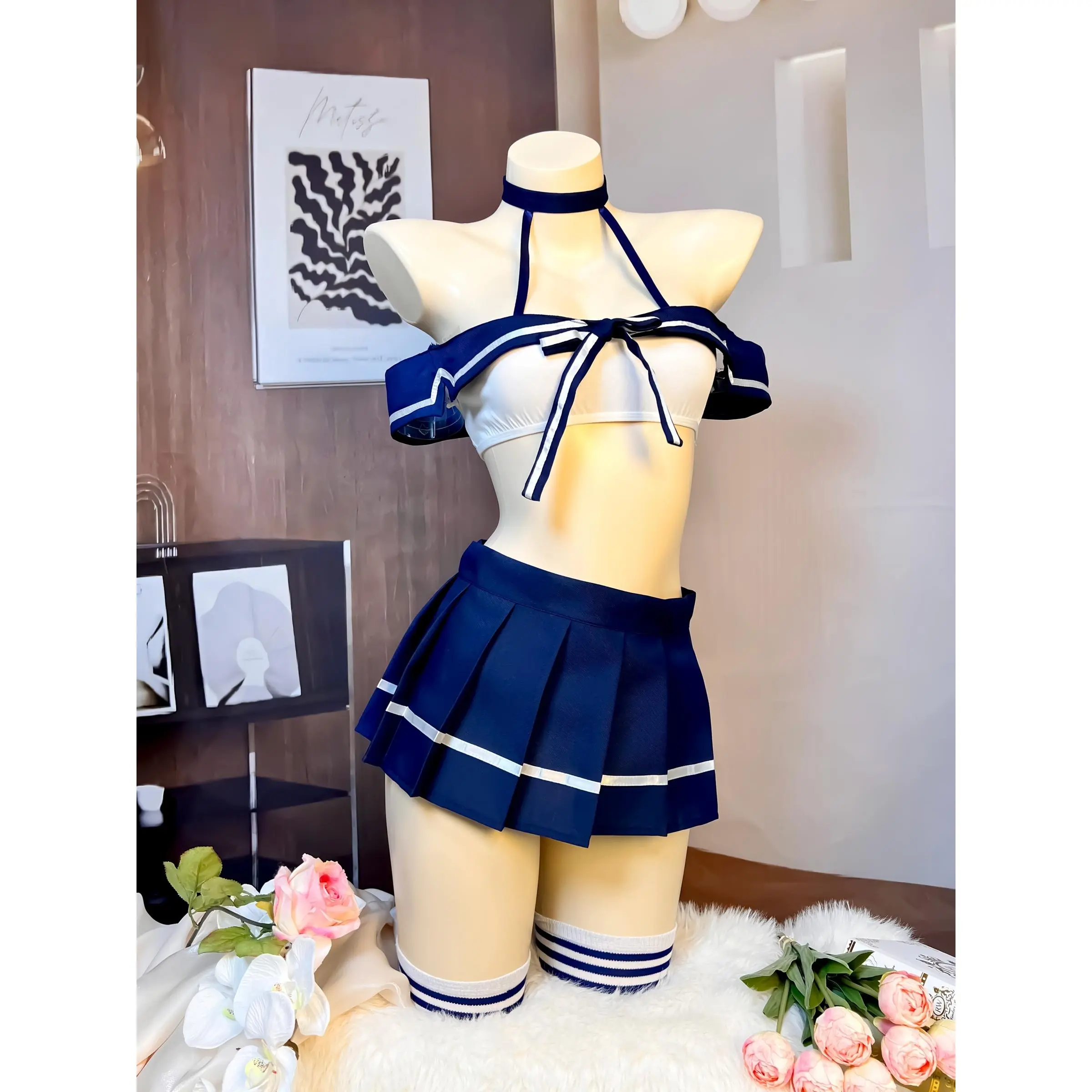 Sexy and Energetic Dark Blue Sailor Suit Suit, Including Top, Blue Pleated Skirt, T-Pants and a Pair of Long Socks Womenswear Clothes