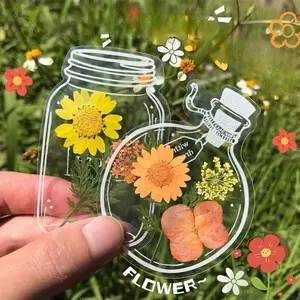 Transparent dried flower bookmark DIY craft kit for children, cartoon pressed flowers, plants, leaves, sticky notes, autumn