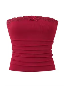 Women's Contrast Lace Bow Decor Crop Tube Top Camisole, Sweet Fashion Y2K Sleeveless Top for Daily Outdoor Wear, Ladies Clothes for Summer