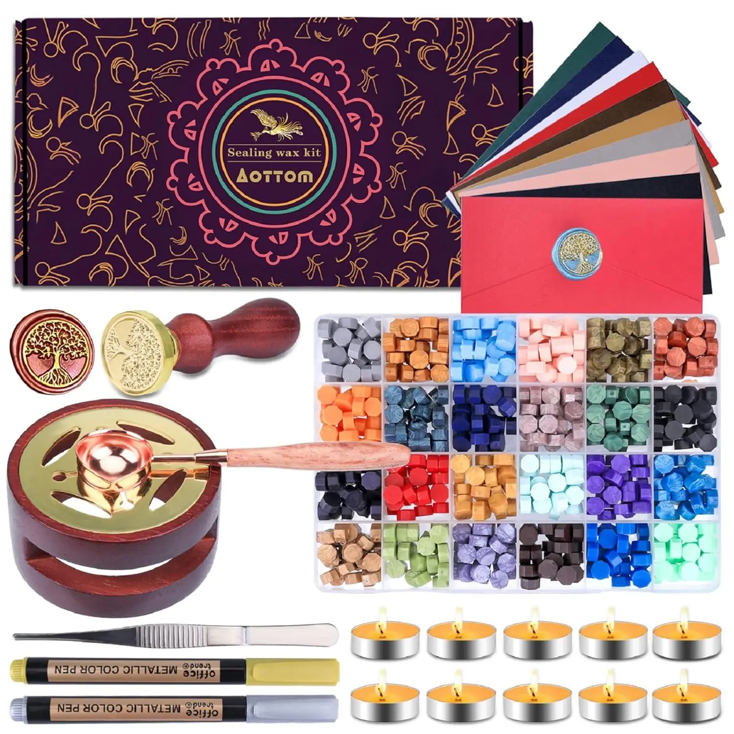 9-in-1 DIY Wax Seal Stamp Kit with Perfect Gift Box - 24 Colors, 24 Different Colors, 650 Pcs Beads, Warmer, Envelopes, Candles, Stamp, Metallic Pen for Thanksgiving, Party Invitations & Decorations