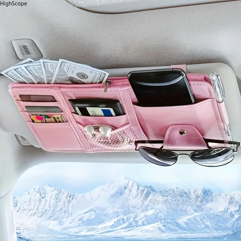 Faux Leather Sun Visor Organizer with Zippered Pouch, Multi-Pocket Sunglasses & Card Holder for Practical Interior Storage, Fits Cars, SUVs, and Trucks, Sunglasses Holder For Car, Car Organization Supplies