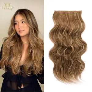 [ Qbeauty ] Darker Honey Blonde Clip- in Synthetic Hair Extensions Long Wavy 4PCS Thick Hairpieces Double Weft Natural Hair Extensions for Women