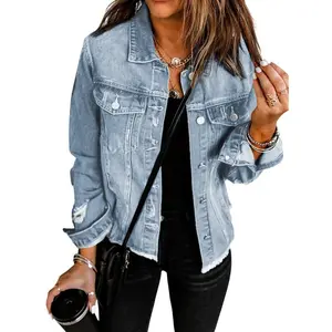 Women's Jean Jackets Non Stretch Boyfriend Washed Distressed Ripped Lapel Long Sleeve Denim Jacket Tops 2025 Spring Fall Womenswear Outfits