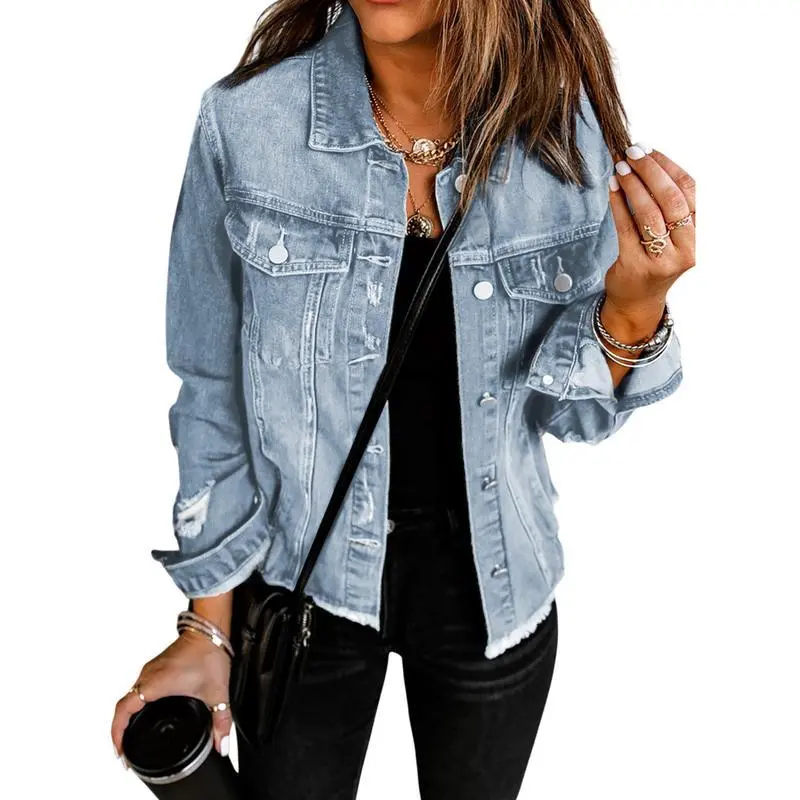 Women's Jean Jackets Non Stretch Boyfriend Washed Distressed Ripped Lapel Long Sleeve Denim Jacket Tops 2025 Spring Fall Womenswear Outfits,travel essentials,camping essentials