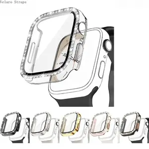 2-in-1 Rhinestone Apple Watch Case with Tempered Glass, Ultra-Thin Screen Protector Cover Compatible with SE/11/1–10 (38–49mm)