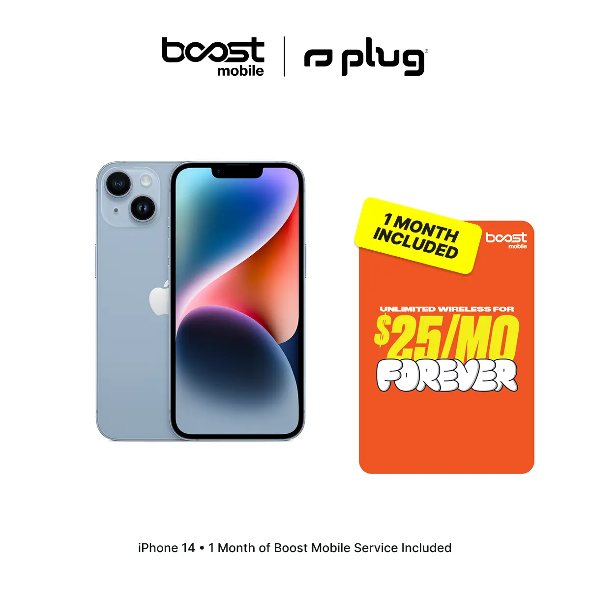 Refurbished Apple iPhone 14 (Unlocked) + 1 Month of Unlimited Boost Mobile Service Included - Good Condition with 1-Year Warranty by Plug
