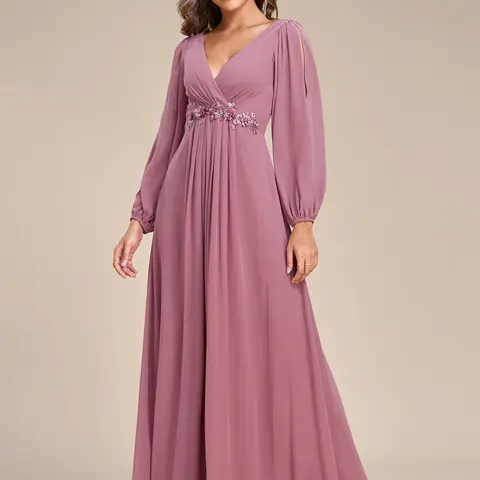 Ever-Pretty 2026 Women's Formal Elegant Fashion Polyester Chiffon V-Neck Long-Sleeve Evening Dress - Formal Wear for Fall Weddings, Wedding Guest, Baby Shower & Special Occasions 00461