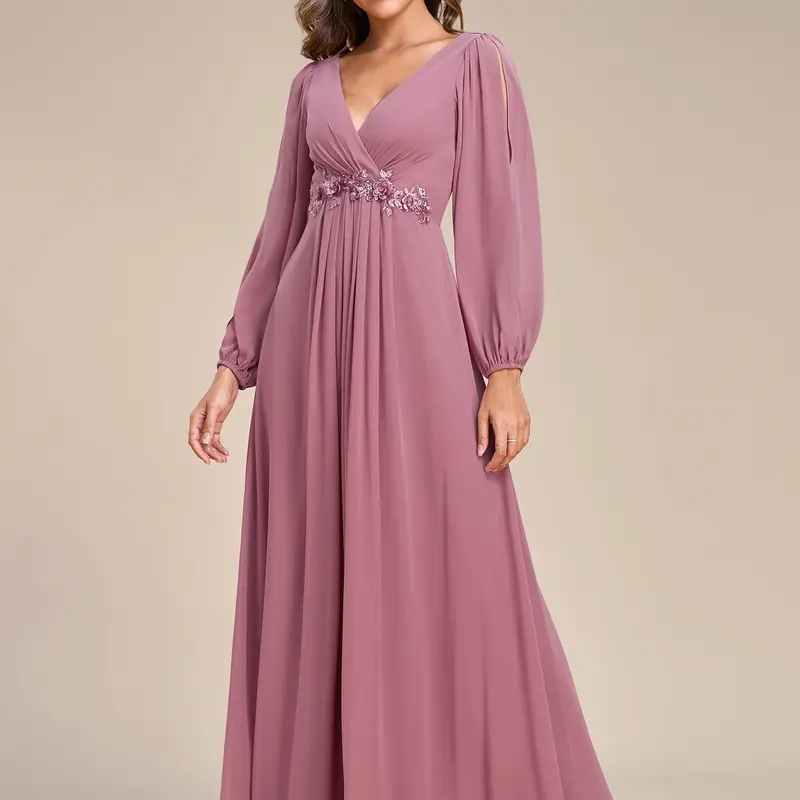 Ever-Pretty 2026 Women's Formal Elegant Fashion Polyester Chiffon V-Neck Long-Sleeve Evening Dress - Formal Wear for Fall Weddings, Wedding Guest, Baby Shower & Special Occasions 00461