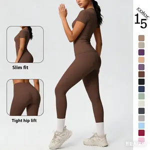 gym shirts Women's Athletic Wear Sporty StyleClothes Stretchy Ideal for Yoga GymWorkouts workout tops Fitness Outfit (Voyagr) In Stock Solid Color Double-Sided Brushed Breathable Tight-Fitting Fitness Sports Two-Piece Running Yoga Outfit Set
