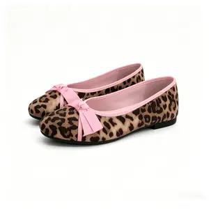 Women's Leopard Print Ballet Flats - Pink Bowknot Round Toe Slip-On Casual Daily Footwear