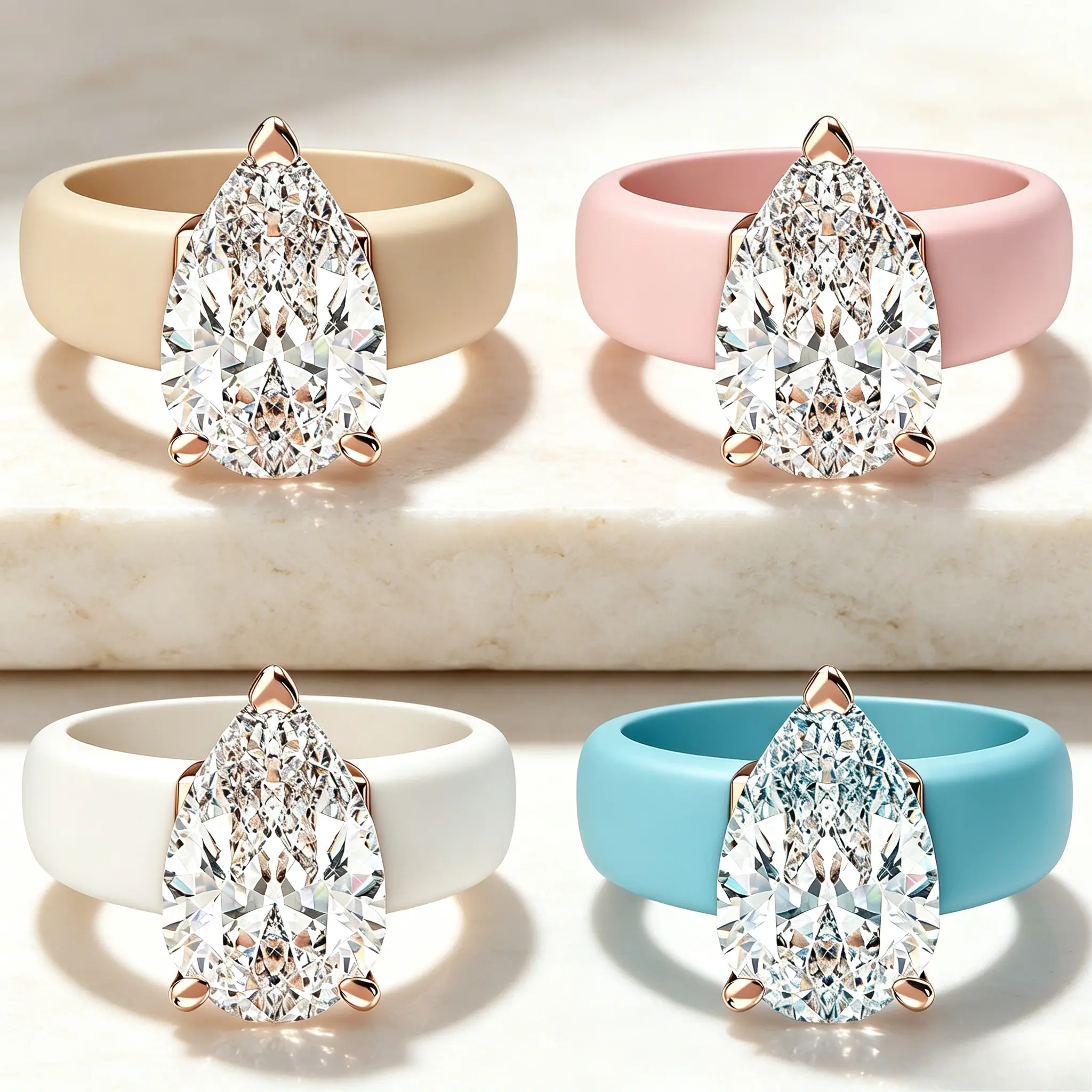 Women's Silicone Ring with Large Water Drop CZ Stone, Rose Gold Prong Setting, Comfortable Sport Wedding Band, Anti-Allergy Jewelry