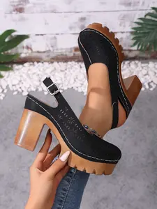 Women's New Large Size Comfortable Lightweight Fashion Versatile Solid Color Hollow Out Elegant Chunky Heel Height Boost Casual High Heeled Sandals