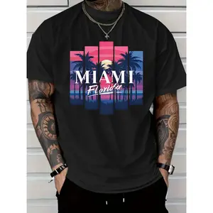 Men's 180g  Casual T-Shirt - Miami Florida Graphic Print with Palm Trees & Sunset, Round Neck Short Sleeve, All-Season Comfort, Machine Washable, Comfortable Clothing, Sunset Design, Regular Fit Shirt ice spice' spongebob outfit graphic tee