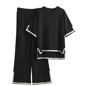Women 2 Piece Lounge Sets Short Sleeve Knit Sweater Tops Wide Leg Pants Hit Clothing Suits