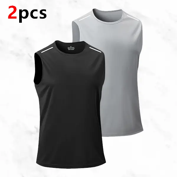 Men's two piece sports sleeveless tank top, featuring a simple sporty style with breathable quick dry fabric and reflective shoulder stripes. Perfect for gym, running, basketball, and other active scenes, it also adds a youthful vibe to everyday wear. sum