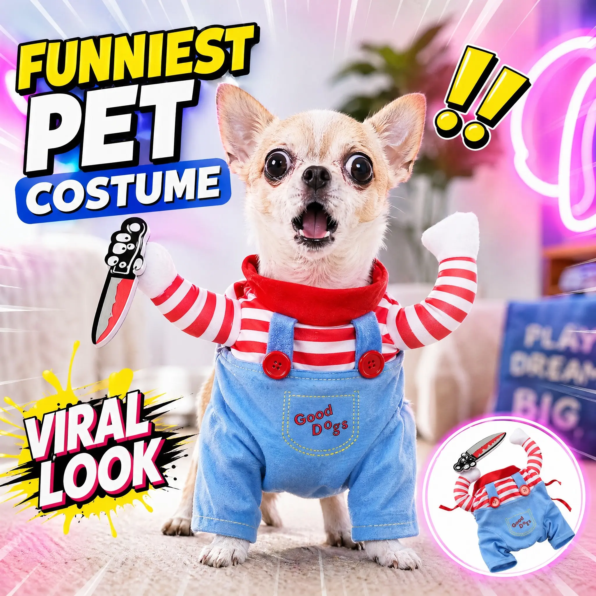 Pet Gijii Transformation Costume, Striped Overalls with Knife Prop, Cat Dog Puppy Universal Small Medium Pets Halloween Party Cosplay