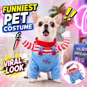 Pet Gijii Transformation Costume, Striped Overalls with Knife Prop, Cat Dog Puppy Universal Small Medium Pets Halloween Party Cosplay