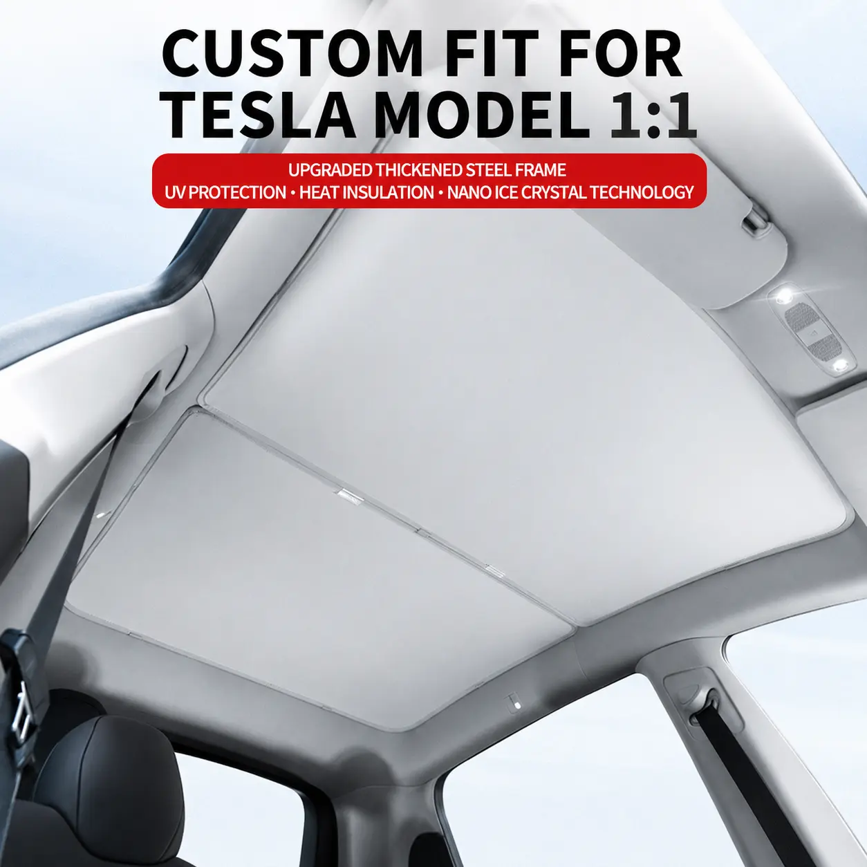 Glass Roof Sunshade - UPF 80+ 7-Layer Heat Insulation Roof Sun Shade with Anti-Sag Sectional Steel Frame, Custom Fit Sunroof Visor for Tesla Model Y, Model 3 & Model YL, Must-Have Car Travel Accessories Gift for Tesla Drivers, Men & Women