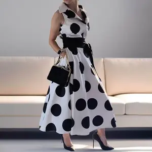 Women's A-Line Sleeveless Polka-Dot Split-Joint Tied Waist Lapel Maxi Dresses Shirt Dress with Pockets Casual Summer Fitted Strap Vneck Machine Washable 100% Polyester