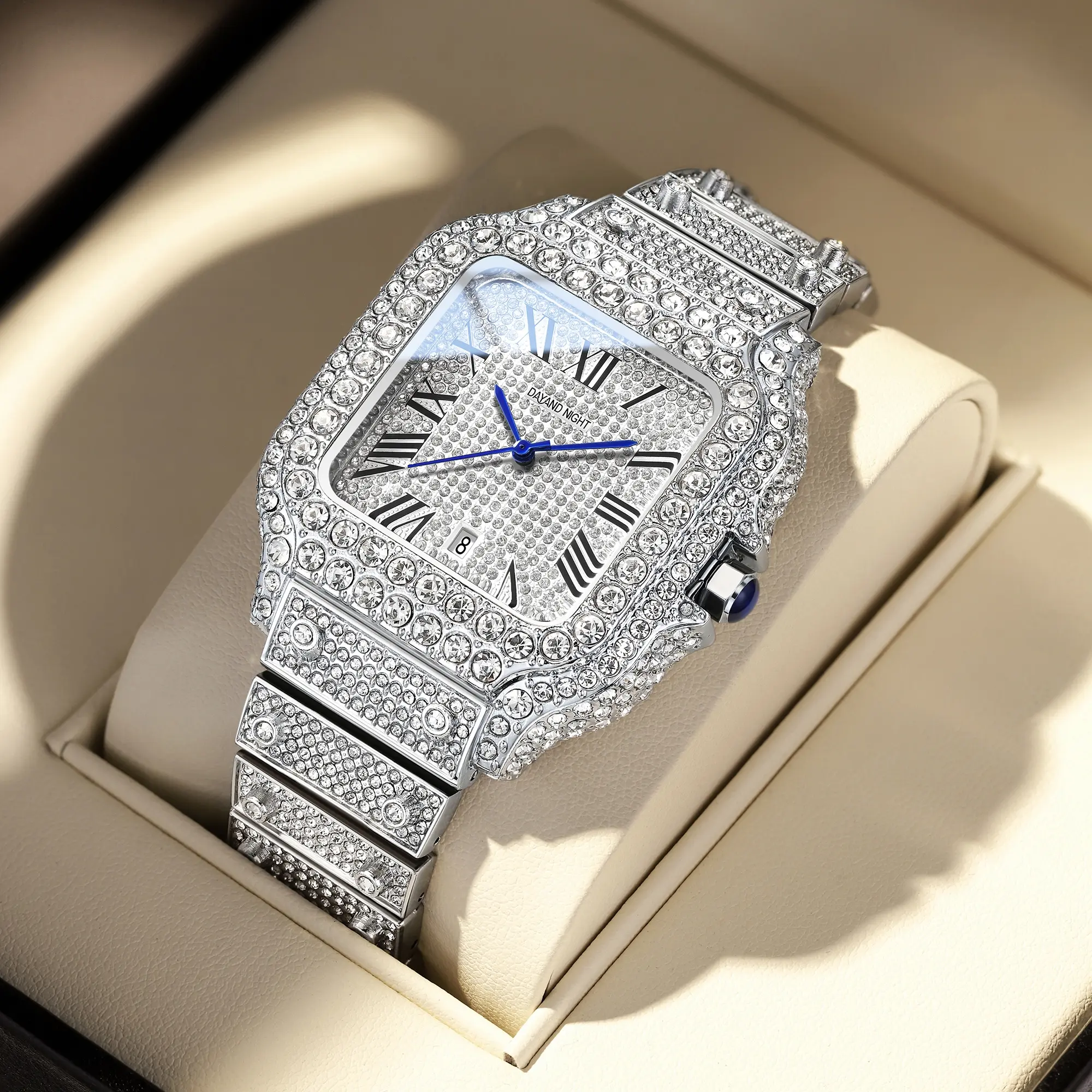 Men's 42mm Square Iced Out Quartz Watch, Hip Hop Bling Watch Silver Tone All Metal Rhinestone Luxury Style Statement Wrist Watch, Fashion Streetwear Watch for Men, Durable Daily Wear Watch, Gift for Him, Party, Birthday, Everyday Accessory Watch