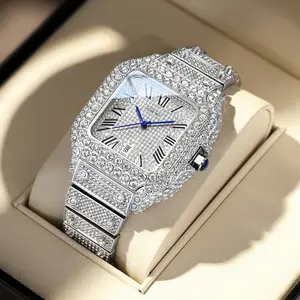 Men's 42mm Square Case Luxury Iced Out Moissanite Quartz Watch - Diamond-Embellished, All-Metal, Silver-Toned, Luxurious Iced Quartz Watch, Waterproof, Premium Bling Jewelry, Perfect Gift for Him (Business, Daily Wear), Diamond-Embellished Quartz Watches,