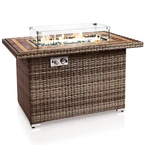 Outdoor Propane Fire Pit Table 50,000 BTU Tile Top Glass Wind Guard, Rattan Base