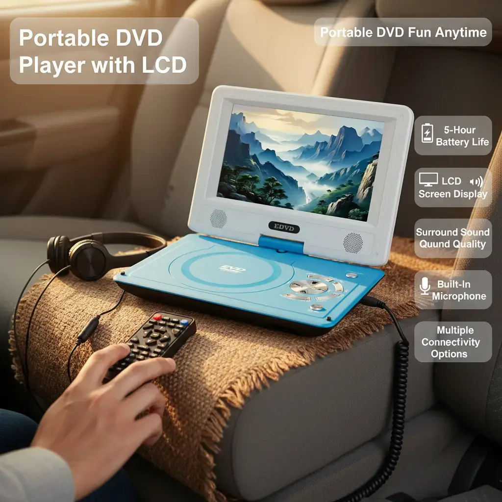 PJGCWB 11.5-in Blue Compact Portable DVD Player - 5-Hour Rechargeable Battery, LCD Screen, Home Theater Surround Sound, Remote Control, Car Charger Adapter, RCA, Karaoke Machine, Headphone Jack, Audio, Multimedia Video Player