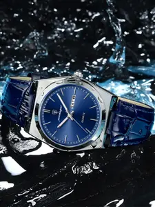 Men's Casual Business Watch, Luminous 30m Waterproof Quartz Wristwatch, Simple Calendar, Blue Leather Strap, Luxury Dress Watch, Stylish Watch