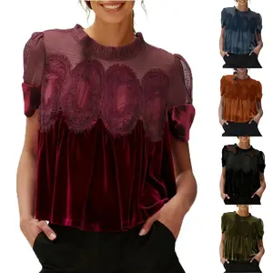 UANEO Women's Velvet Lace Blouse, Womenswear Crewneck Short-Sleeve Loose-Fitting Corduroy Flared Swing Top, Chic Elegant Intricate Back Design