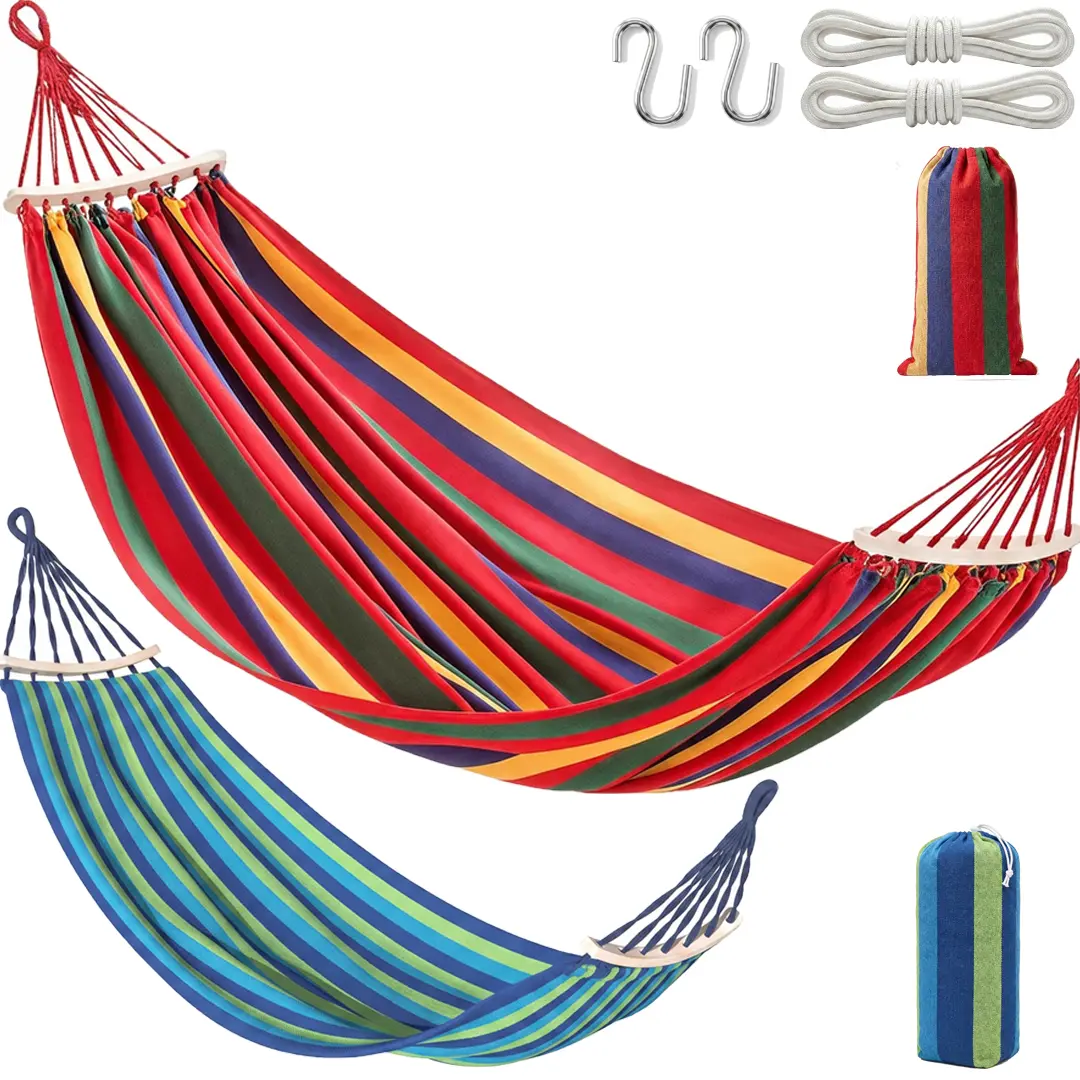Portable Camping Hammock, Outdoor Travel Hammock with Ropes and Hooks, Colorful Striped Backyard Hammock for Camping, Patio and Outdoor Relaxing