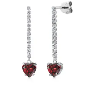 14K White Gold Gemstone Birthstone and Lab Grown Diamond Long Liner Dangle Earrings for Women | Heart Shape 6MM and Round 1.5MM | White Gold Chain Drop Earrings