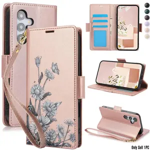Flower Flip Phone Case Suitable For Samsung Suitable For Galaxy A17 A07 A56 A36 A26 A16 A06 4G 5G, PU Faux Leather Wallet Phone Bag With Wrist Strap Card Slots RFID Blocking Stand Cover Phone Cover Casing