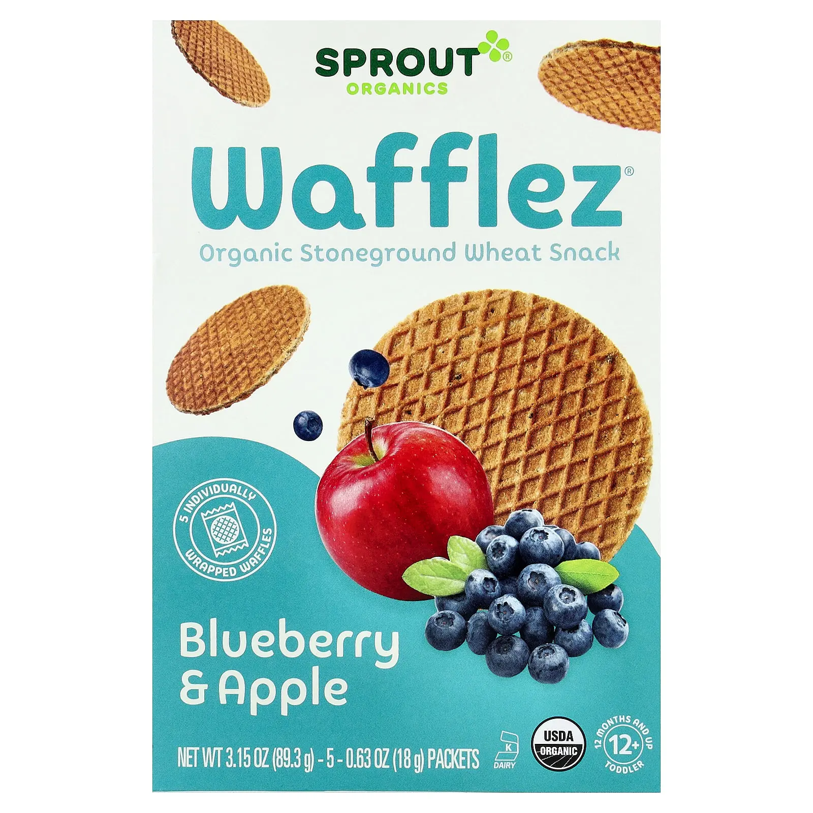 Sprout Organics Wafflez®, Blueberry & Apple, 12 Months+, 5 Packets, 0.63 oz (18 g) Each