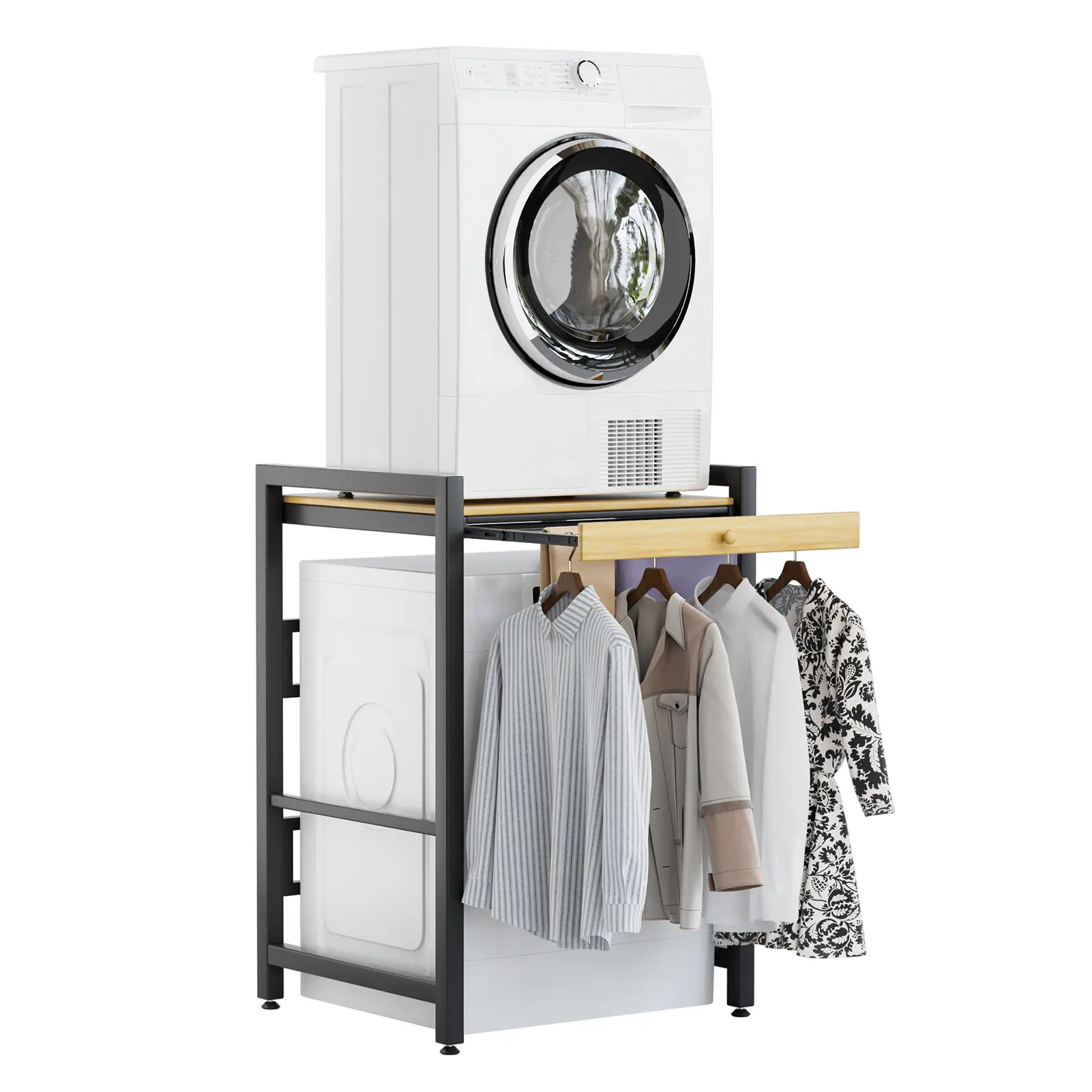 Heavy-Duty Carbon Steel Freestanding Washer-Dryer Stacking Rack Shelf - 200kg High Load-Bearing Laundry Drying Rack with Rail Hanger, Easy Installation, Storage Support for Small Laundry Rooms, Iron & Baking Accessories