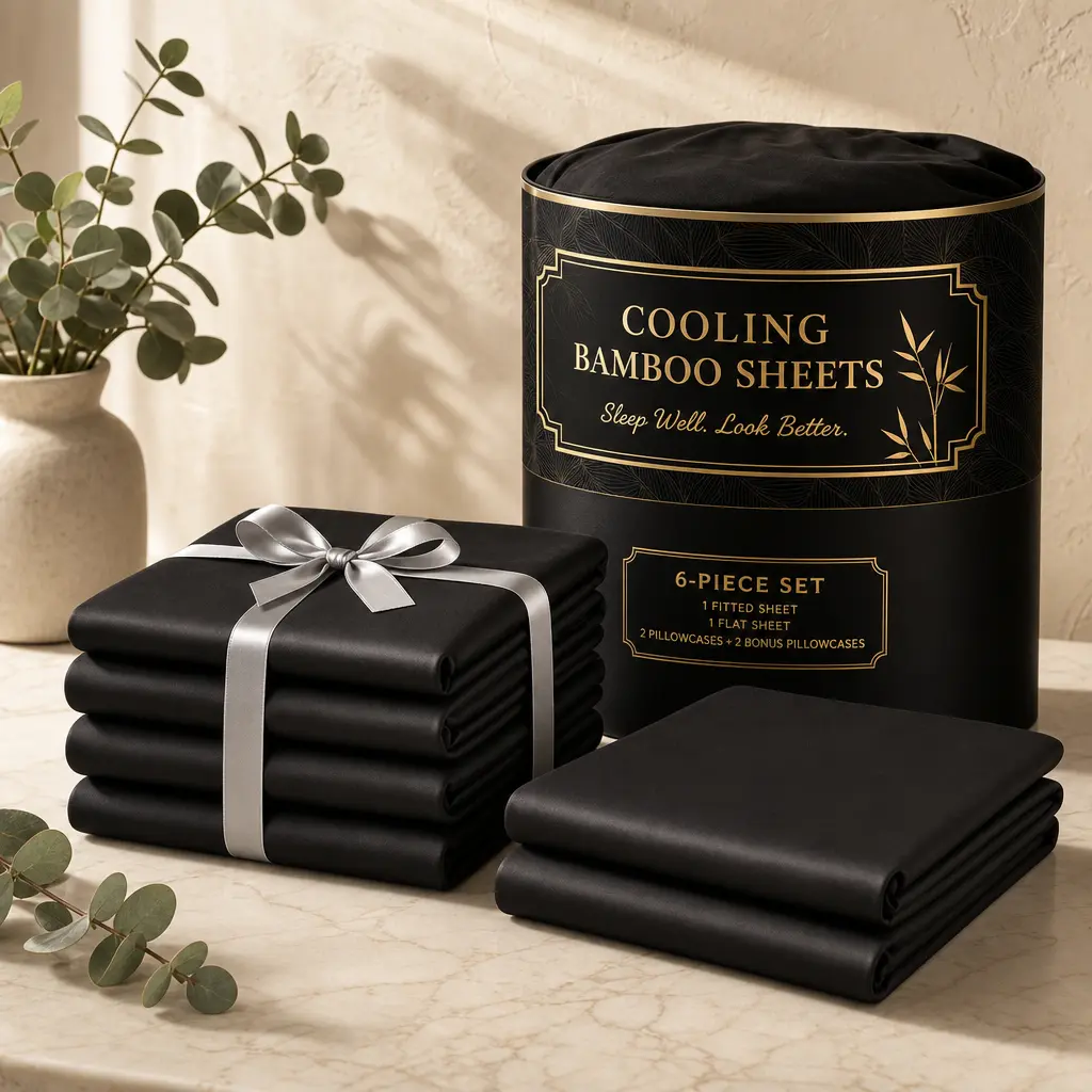 4/6-Piece Bamboo Bed Sheet Set with Extra Deep Pockets - Ultra-Soft, Breathable, Cooling, Wrinkle-Free Hotel Luxury Bedding Sets Including Pillowcases for Kids & Adults, Bamboo Sheets