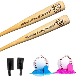 Baseball Gender Reveal Kit with Engraved Bat, 2 Powder Baseballs, & Wall Mount Display Hangers Burst