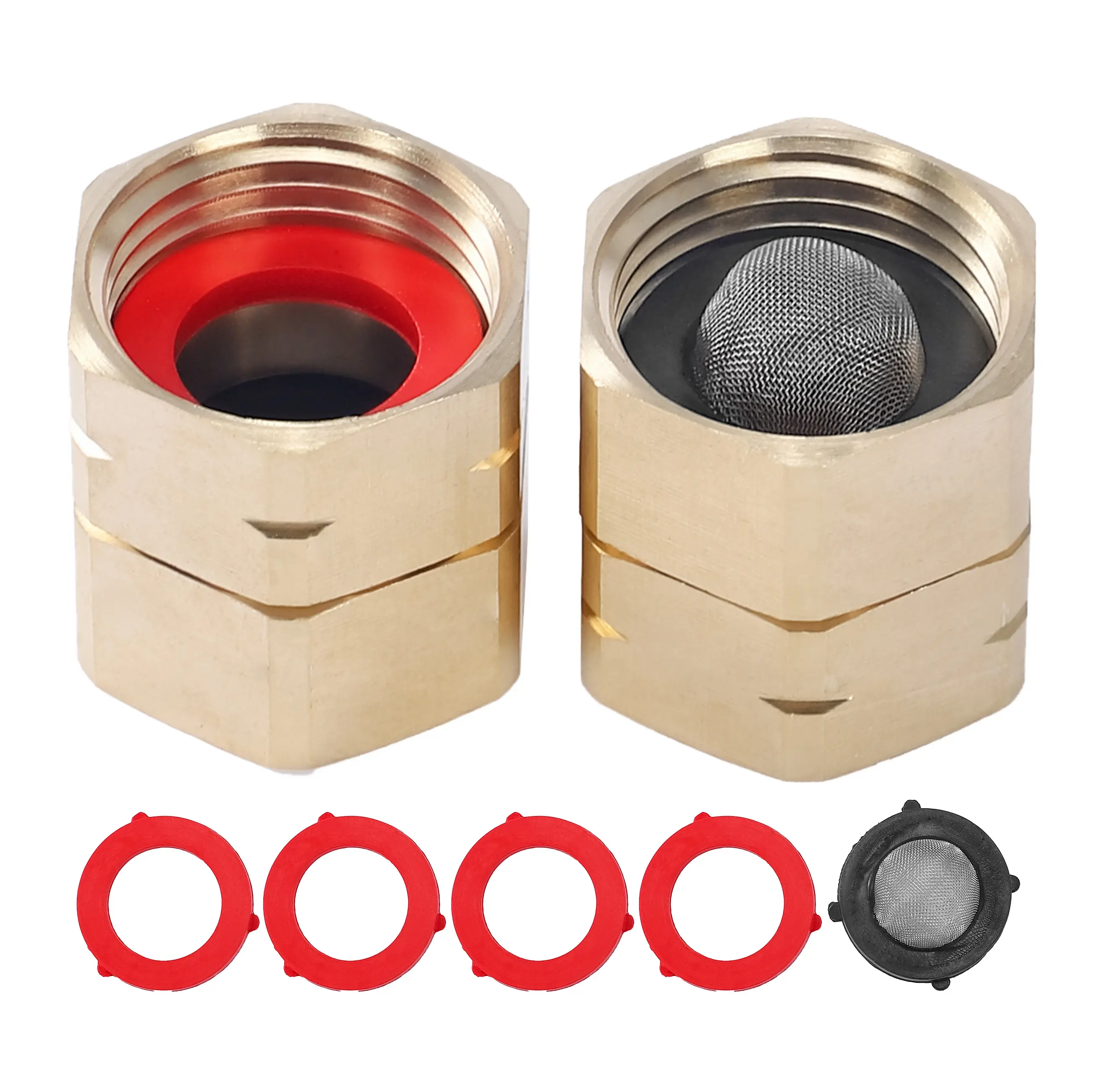 JOEJET Durable & Solid 3/4 in Brass Female-to-Female Swivel Hose Adapter, 2-Pack No-Leak Garden Hose Fittings for Pressure Washer, Includes 4 Extra Washers & 1 Filter Coupler