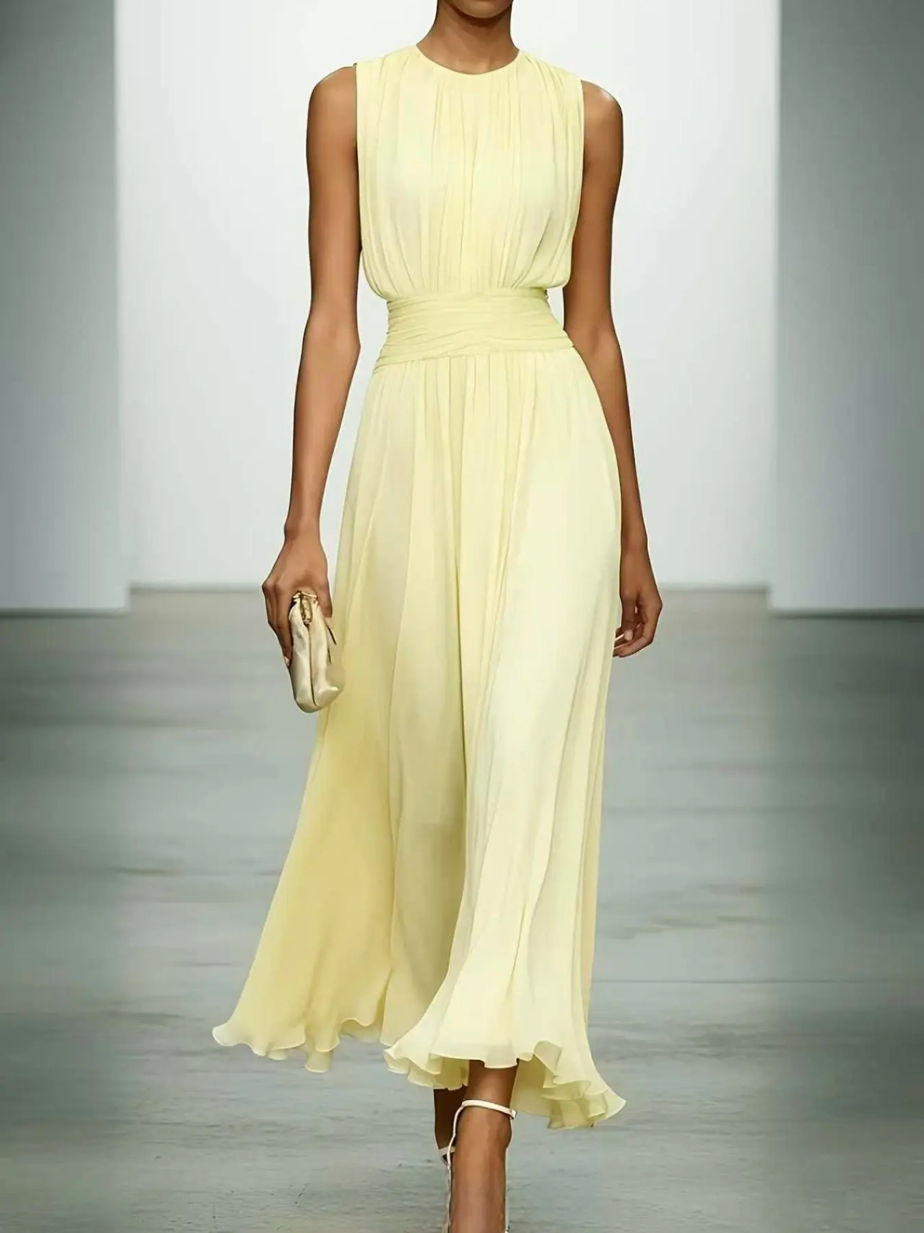 French Elegance Chic Elegant Classy Flattering Summer Sleeveless Lightweight Chiffon Women Dress, Waist Cinched Slimming Mid-Length, Gentle Fairy Dress for Commuting, Dating, Wedding