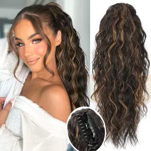 CHAOEE 20Inch Ponytail Extension Claw Clip Ponytail Extension Curly Wavy Pony Tails Hair Extensions Synthetic Hairpiece for Women Daily, Chocolate Brown with Highlights