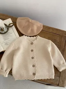 Spring Unisex Baby Cardigan Jacket, Children Round Neck Hand Crochet Plain Knit Long Sleeve, Casual Loose-Fitting Cotton Sweater, Baby Clothing