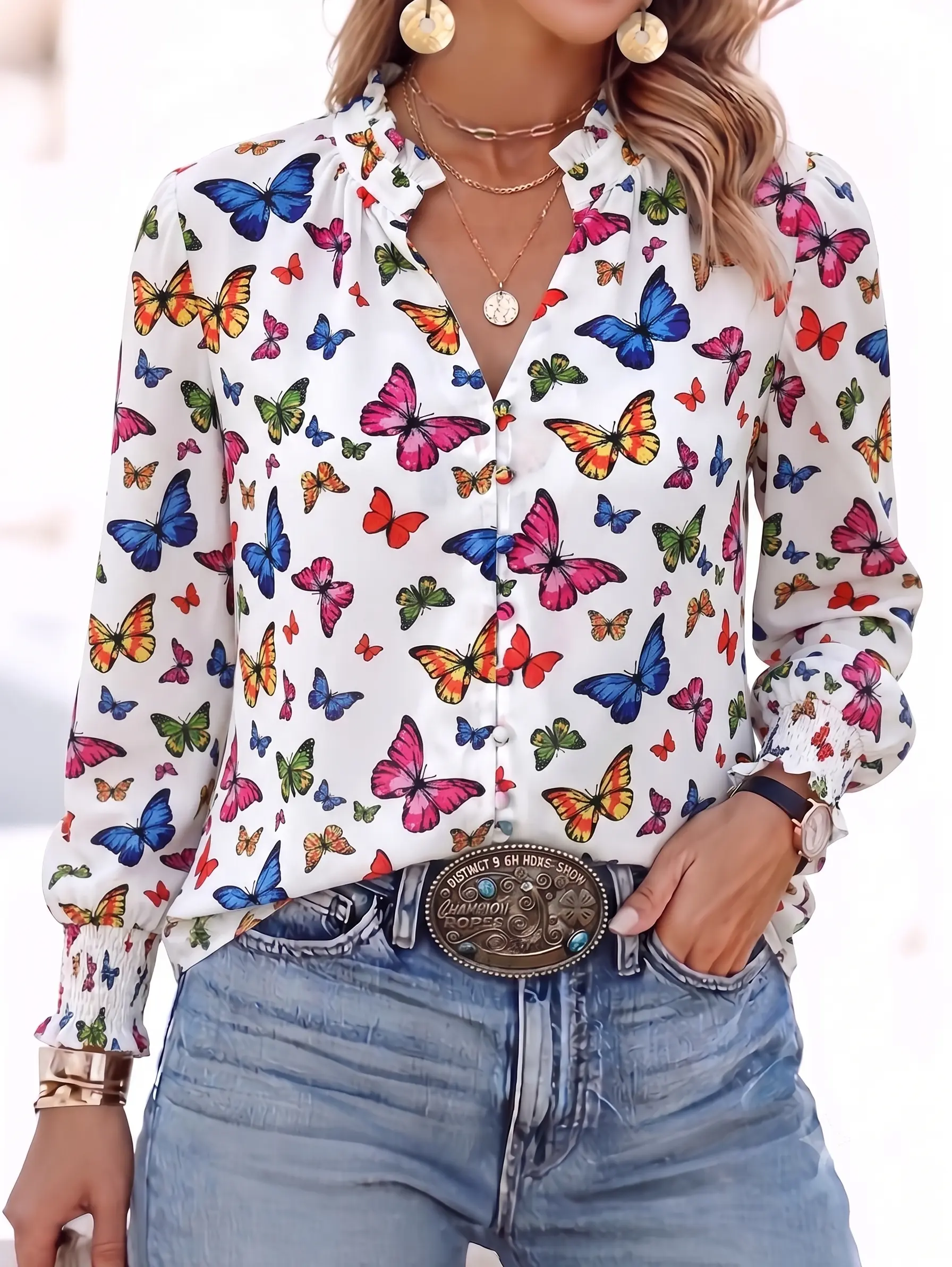 Women's Polyester Whimsical Butterfly Print Button-Down Blouse - Ruffle V-Neck, Smocked Cuffs, Autumn Aesthetic Top