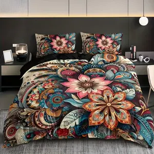 Boho Mandala Floral Bedding Set, High-Quality Print Design, Includes Duvet Cover & Pillowcases (without Pillows), Ideal for Home Dorm Use