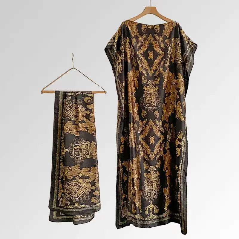 Women's Fashion Print Long Robe Set, Moomoo Dress + Scarf Headband, Casual Woven Fabric, Thin All-Season Wear, Beach Sun Protection 26 styles availabl